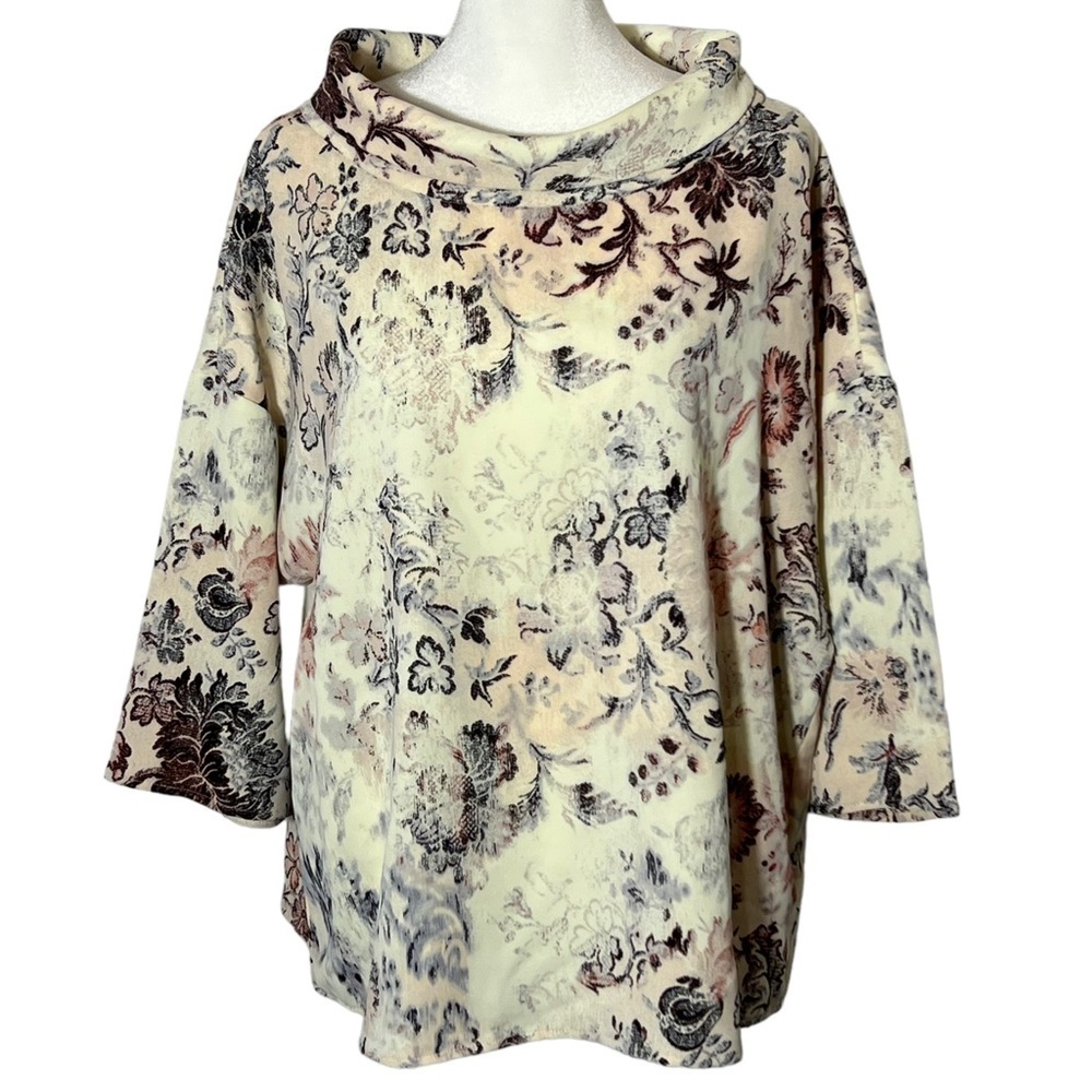 Chico's Floral Mock Neck Women's Cream Ivory 3/4 Sleeve Size 2 (12/14)